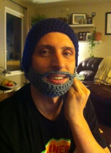 Logan wearing my beanie beard toque. I hope he wears it curling this week!